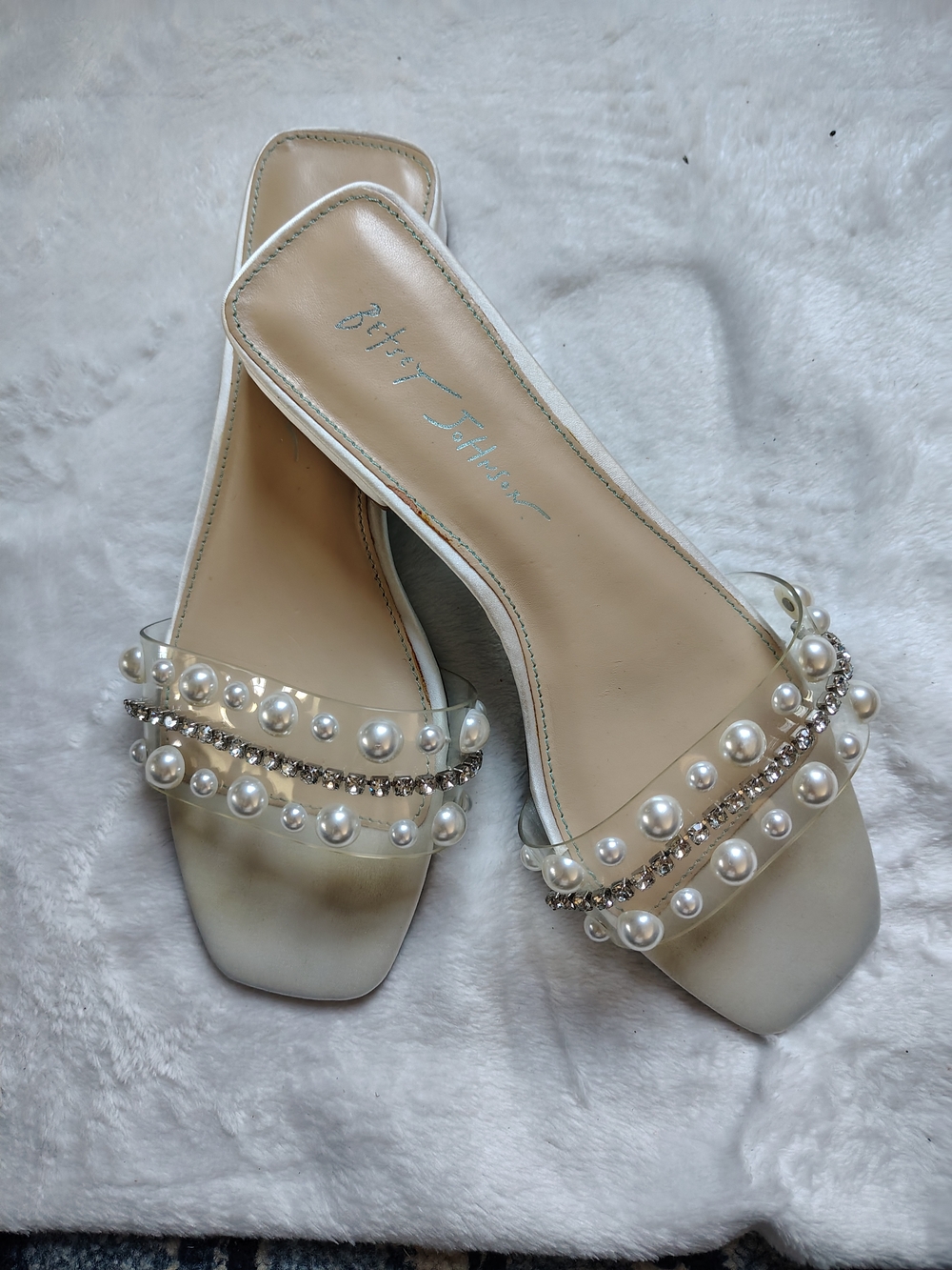 Betsey Johnson Blue Label Pearl & Crystal Slide Sandals - White